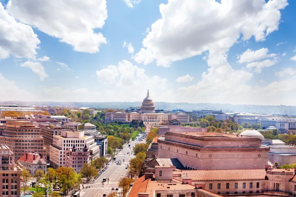 Aerial view of Pennsylvania Avenue facing U.S. Capitol building